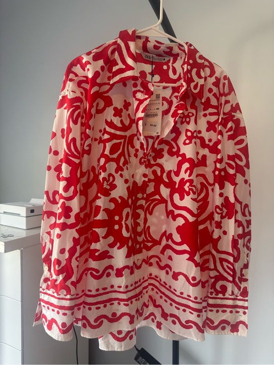 Zara Tops - Zara Red and White Printed Collared Shirt